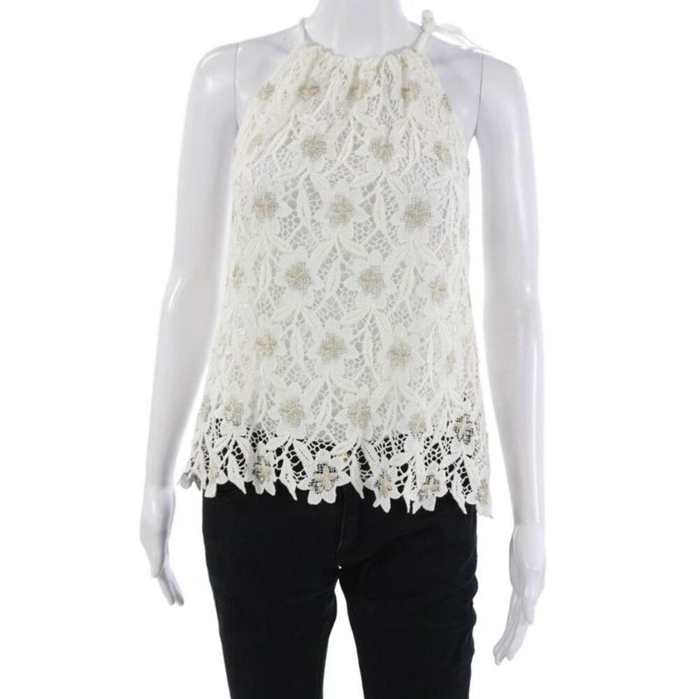 Valerie Khalfon Womens White Floral High Neck Sleeveless Tank Tie Size 38